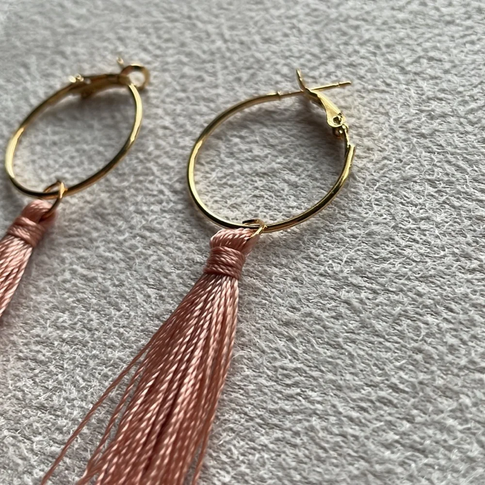 Gold hoop + pink tassel earrings